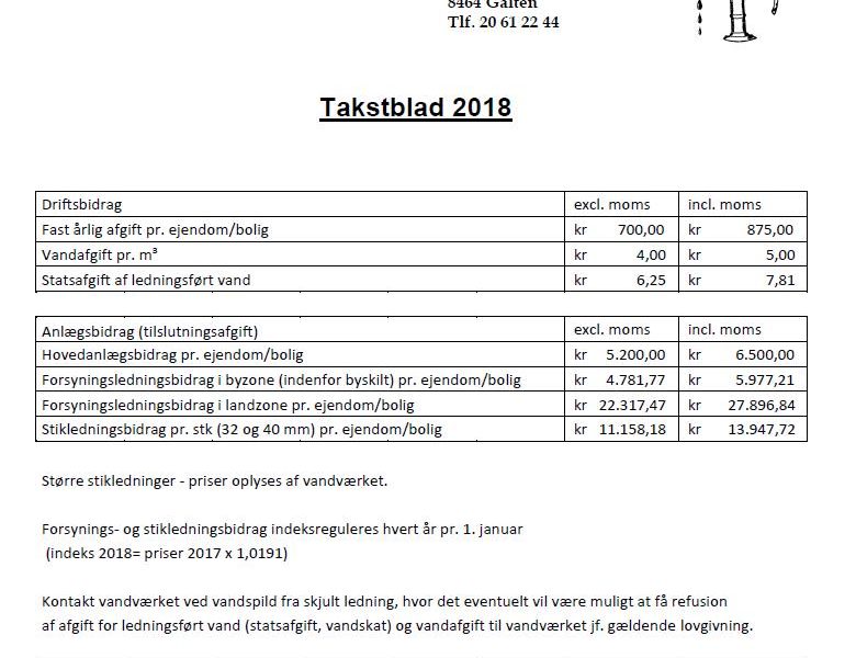 Sjelle Vandværk: Takstblad 2018